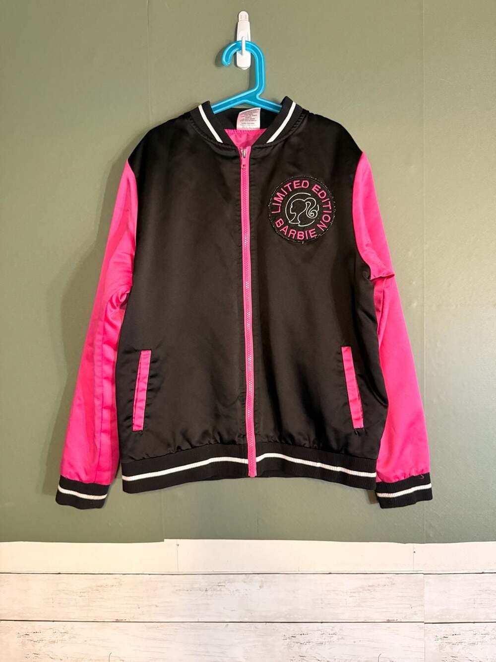 Barbie Girls Black Pink Satin Bomber Jacket Varsity Graphic XXL 18 Mattel